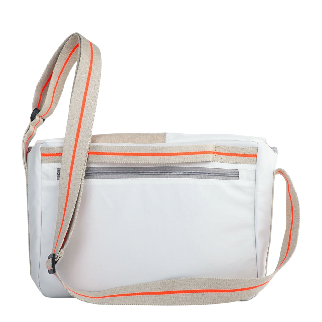 Lieblingstasche Barkasse Mini white messenger bag with beige and orange striped strap.