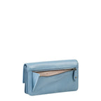 Lieblingstasche Bay light blue leather wallet with an open zippered exterior pocket and patterned interior lining