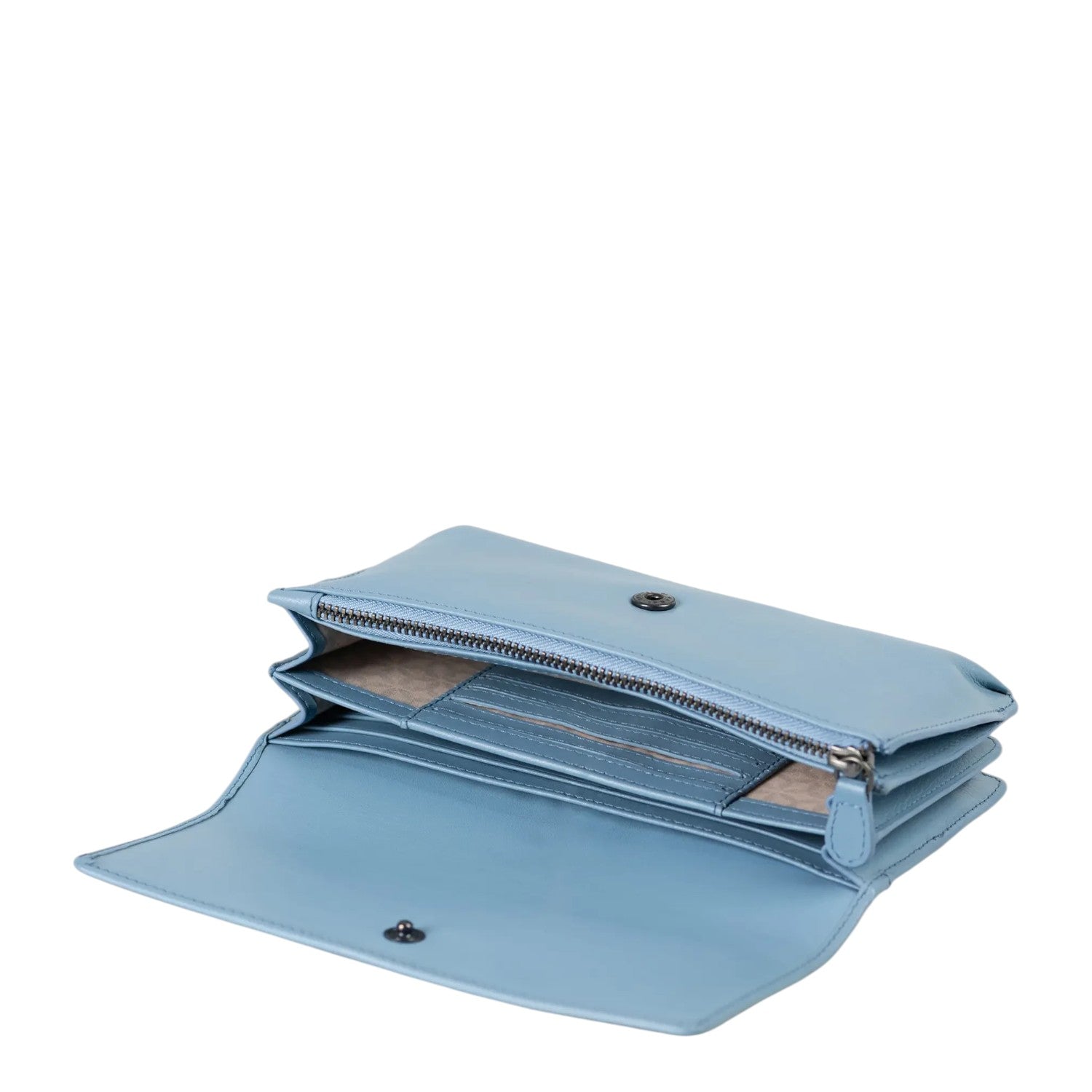 Lieblingstasche Bay light blue leather wallet with open interior, zipper compartment, and snap button closure
