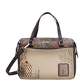 Lieblingstasche short handle bag in beige and brown with decorative embroidery, gold hardware, and a charm pendant.