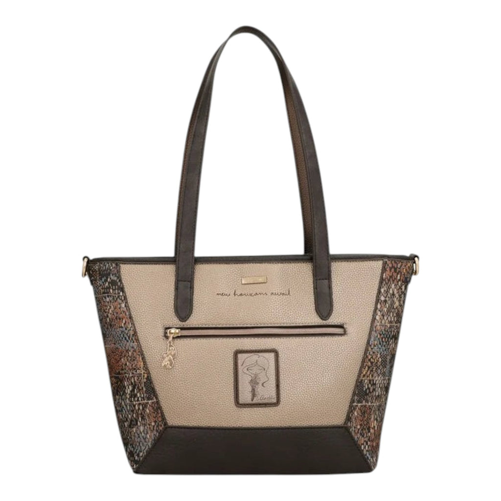 Lieblingstasche shoulder bag in beige and dark brown with patterned side panels and gold-tone hardware details.