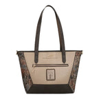 Lieblingstasche shoulder bag in beige and dark brown with patterned side panels and gold-tone hardware details.