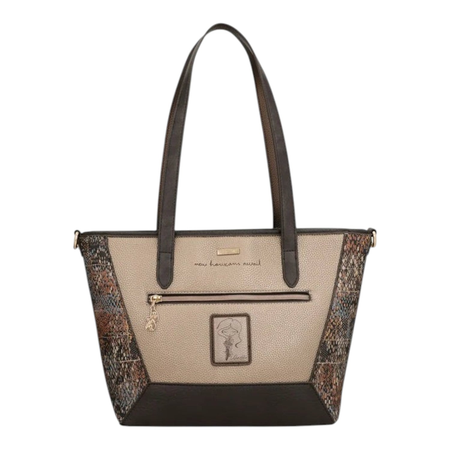 Lieblingstasche shoulder bag in beige and dark brown with patterned side panels and gold-tone hardware details.