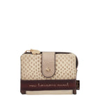 Lieblingstasche wallet in beige and brown with a textured pattern, snap closure, and new horizons await inscription