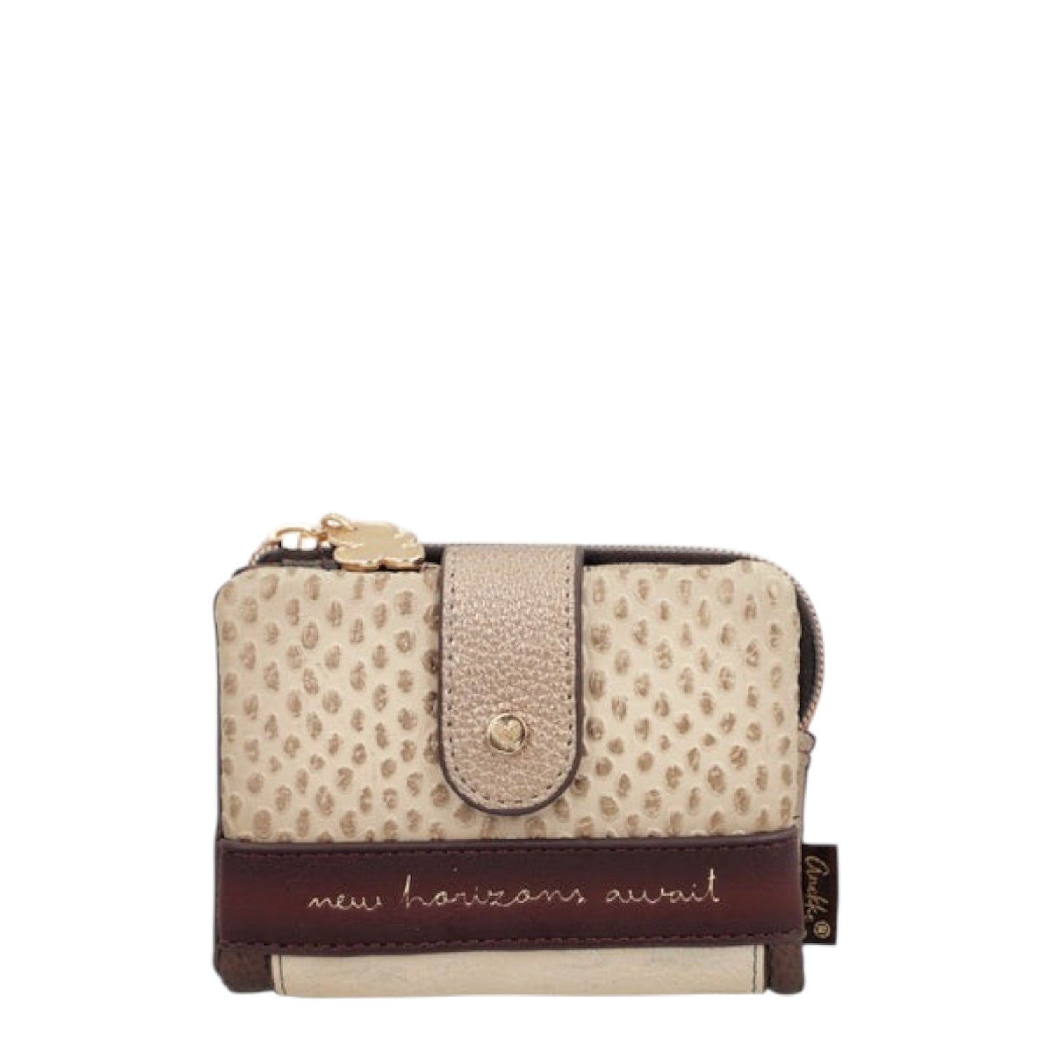 Lieblingstasche wallet in beige and brown with a textured pattern, snap closure, and new horizons await inscription