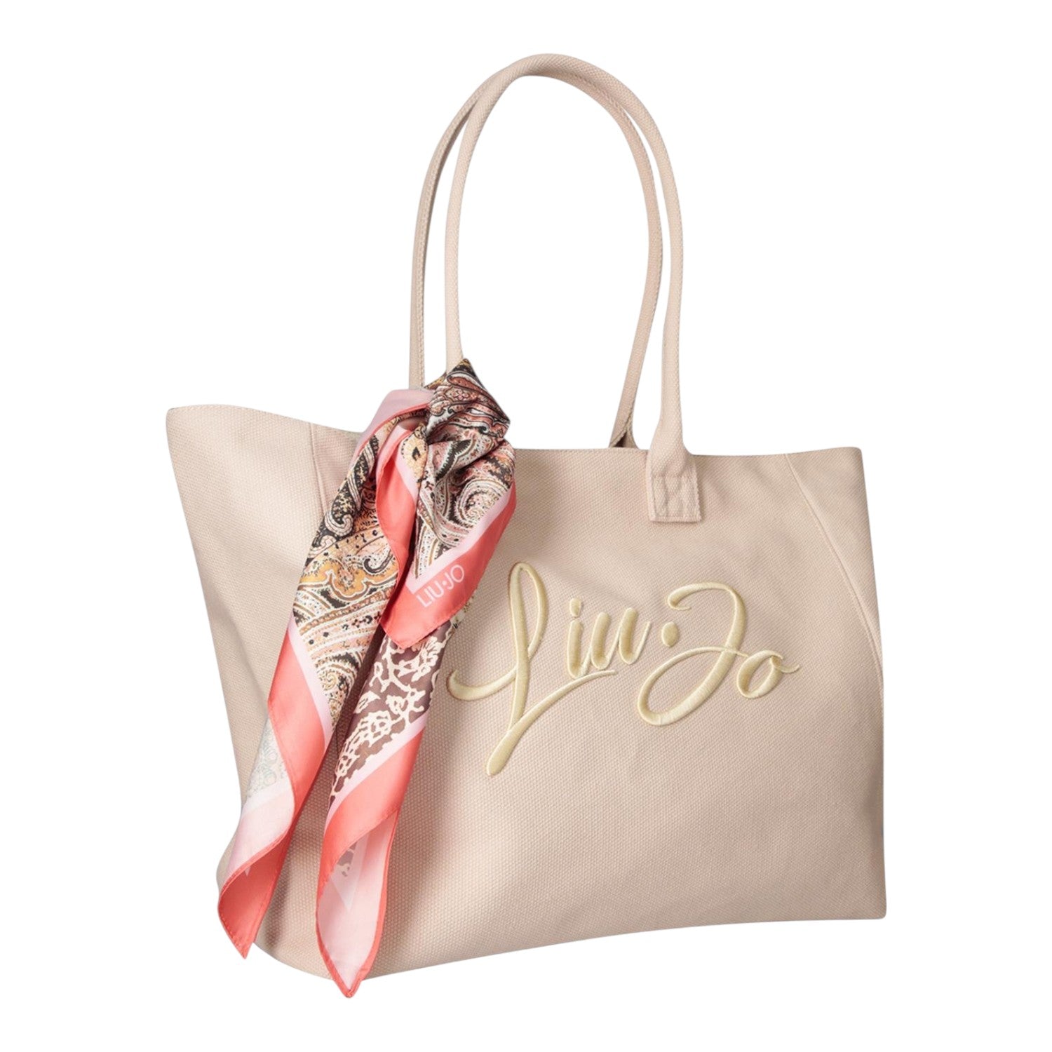 Lieblingstasche beige canvas Tote L handbag with embroidered logo and decorative paisley silk scarf