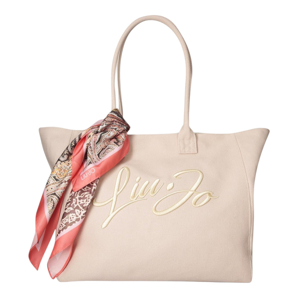 Lieblingstasche beige canvas Tote L handbag with embroidered logo and decorative patterned silk scarf