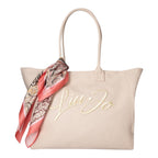 Lieblingstasche beige canvas Tote L handbag with embroidered logo and decorative patterned silk scarf