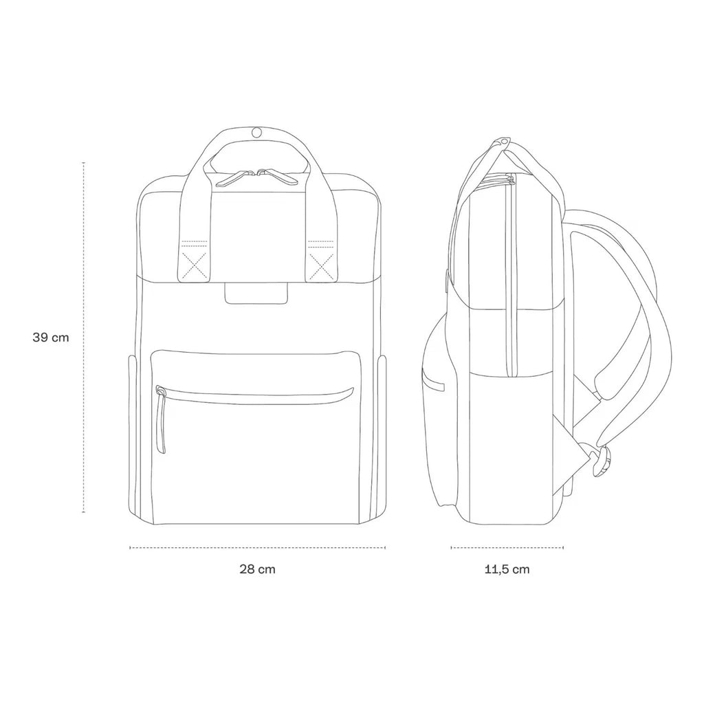 Lieblingstasche Bergen Pro backpack technical line drawing showing front and side views with dimensions