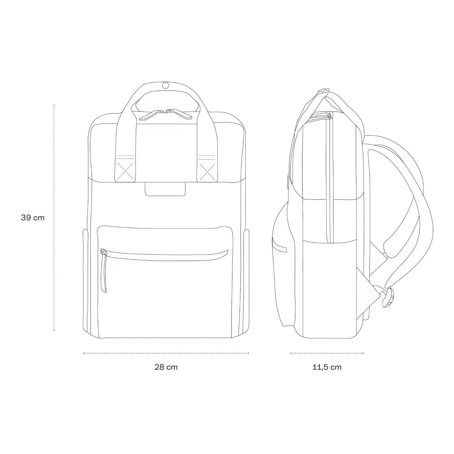 Lieblingstasche Bergen Pro backpack technical line drawing showing front and side views with dimensions