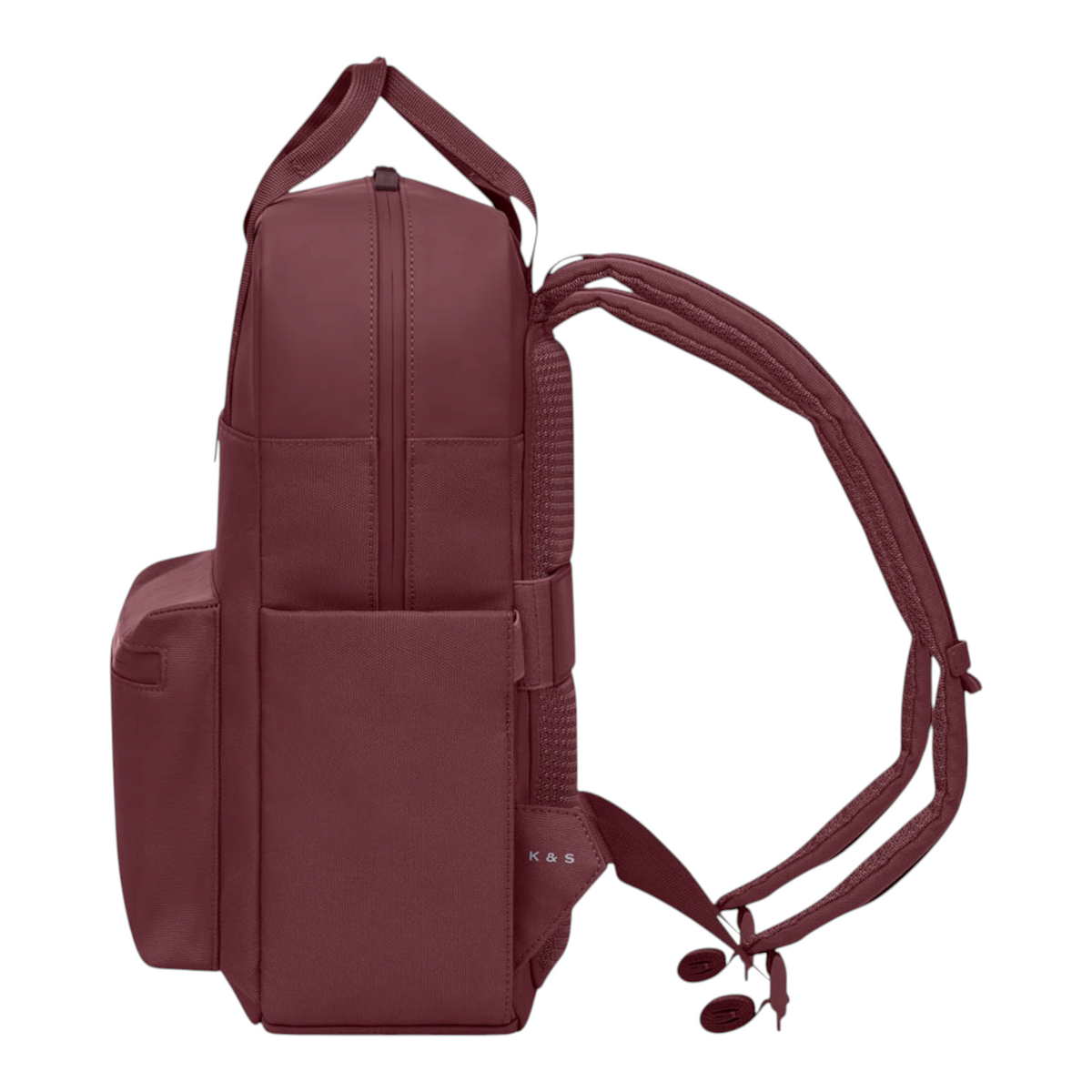 Side view of the Lieblingstasche Bergen Pro backpack in a deep burgundy colour with padded straps and side pockets.