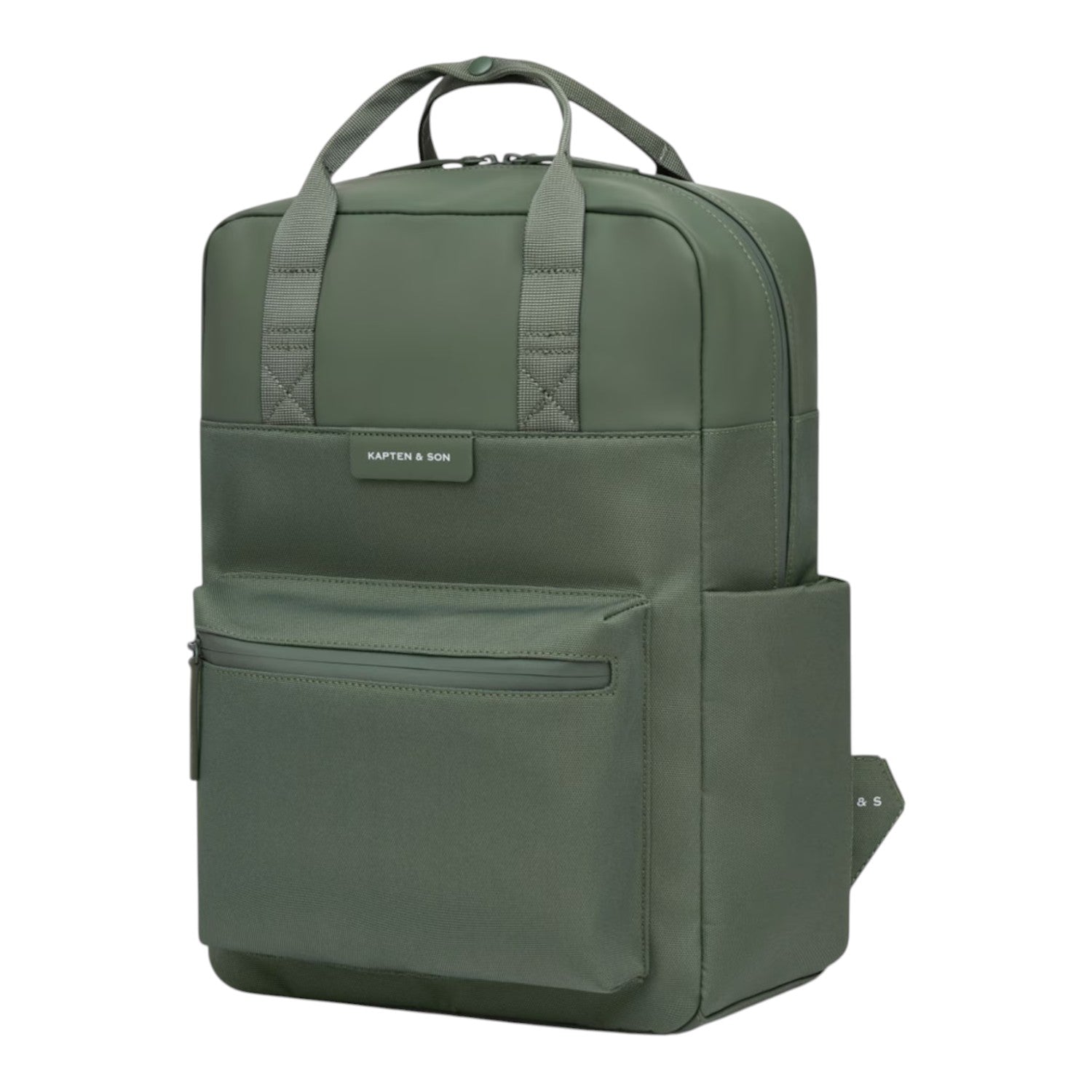 Lieblingstasche Bergen Pro backpack in olive green with a minimalist design, top handles, and front zip pocket.