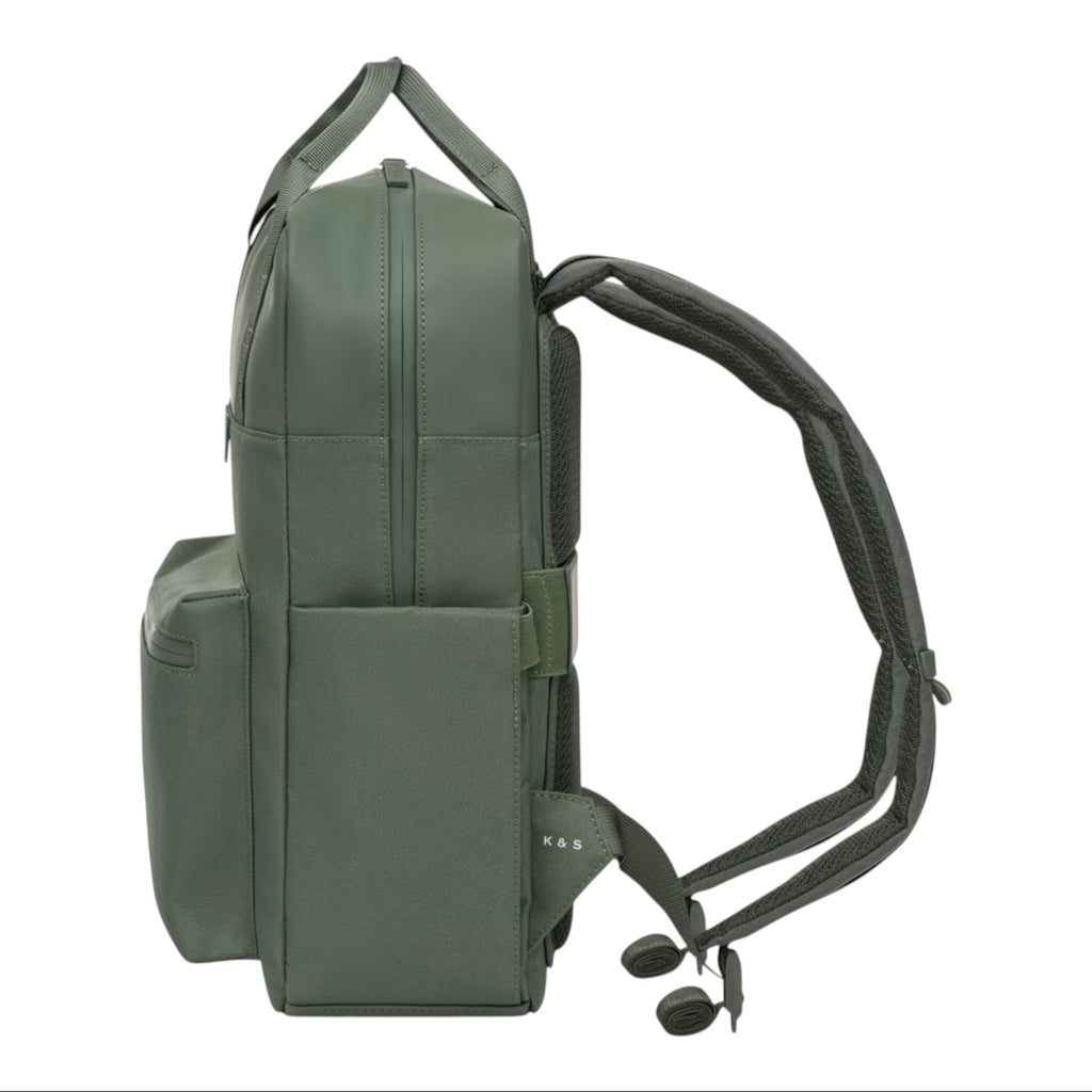 Lieblingstasche Bergen Pro backpack in olive green with side pocket and padded shoulder straps, side view