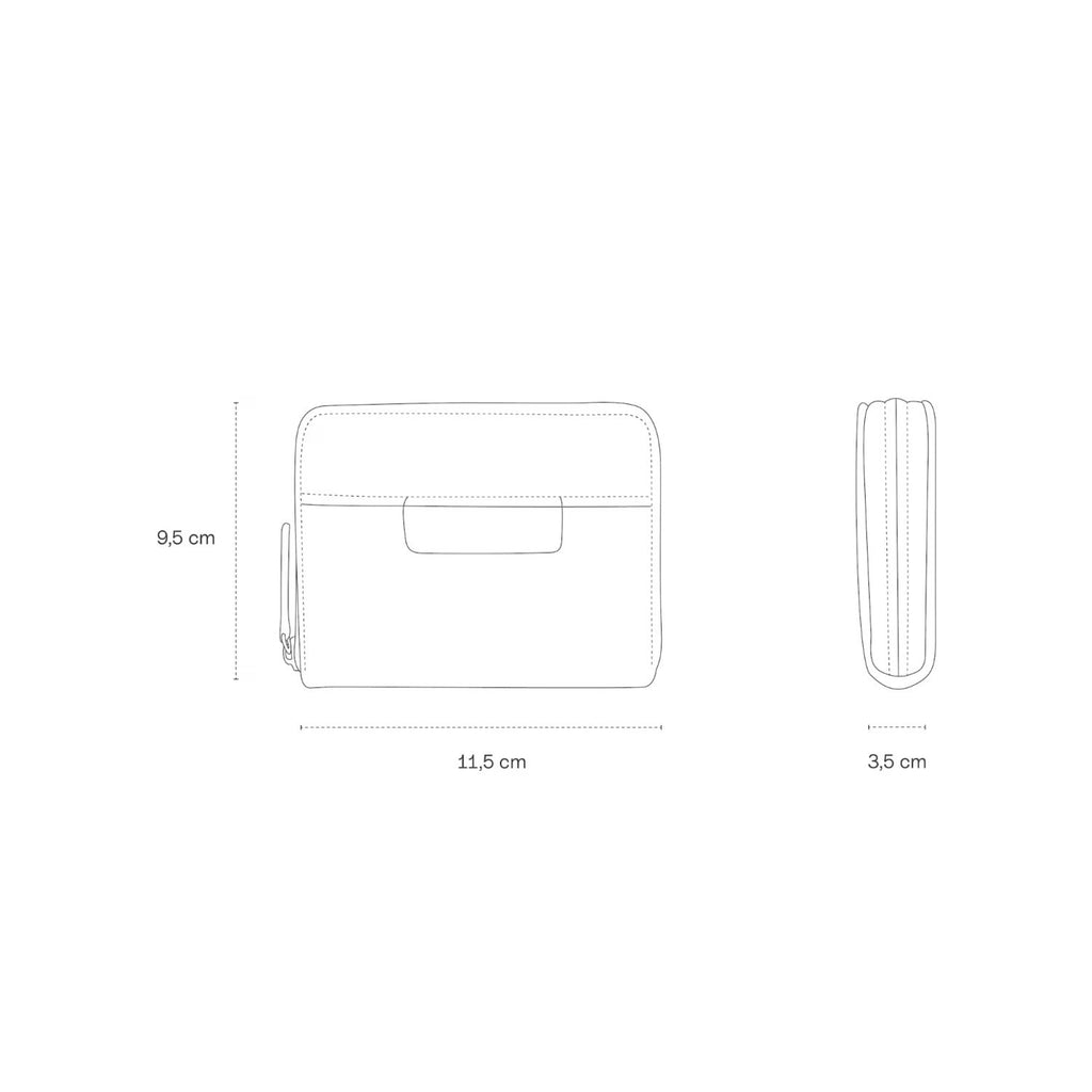 Lieblingstasche Bergen Pro Wallet Small technical line drawing showing dimensions of 11.5cm by 9.5cm by 3.5cm