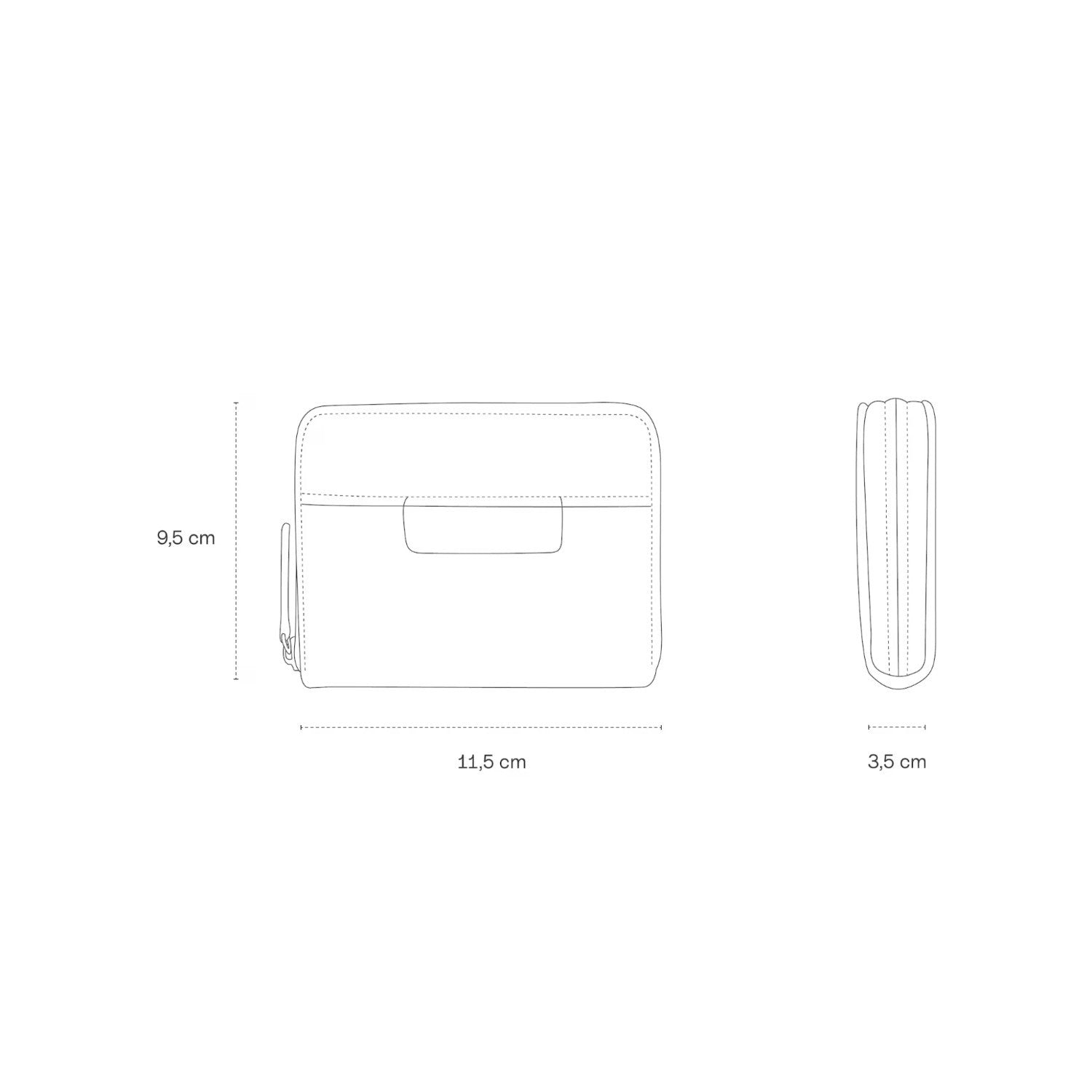 Lieblingstasche Bergen Pro Wallet Small technical line drawing showing dimensions of 11.5cm by 9.5cm by 3.5cm