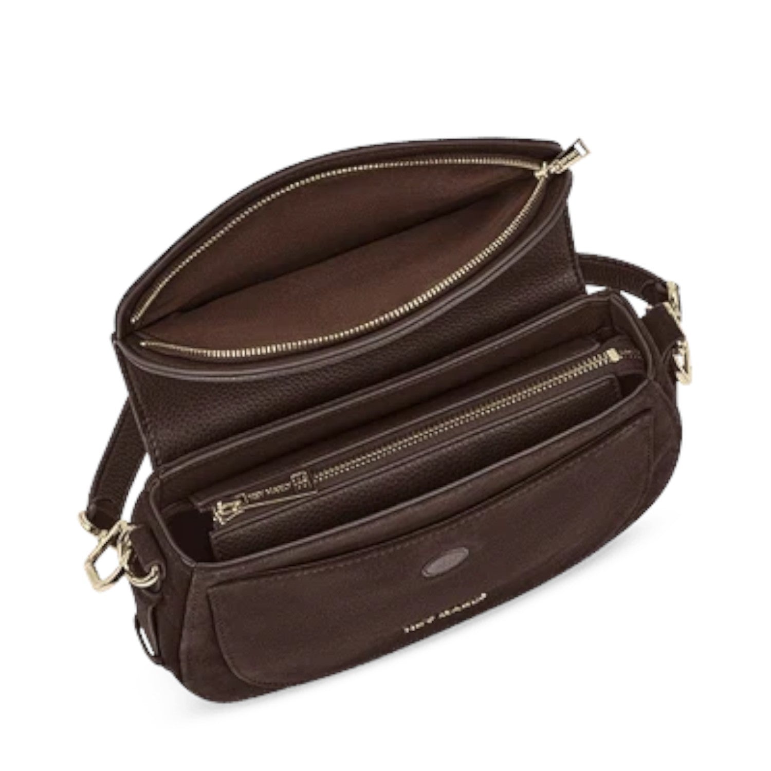 Lieblingstasche Big Sister Suede dark brown leather shoulder bag with gold hardware and multiple interior compartments