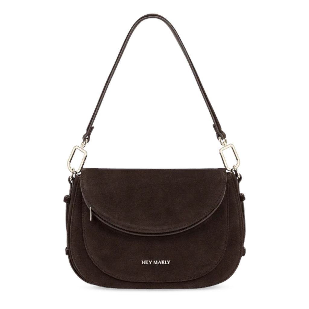 Lieblingstasche Big Sister Suede dark brown shoulder bag with a curved flap and silver hardware details