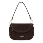 Lieblingstasche Big Sister Suede dark brown shoulder bag with a curved flap and silver hardware details