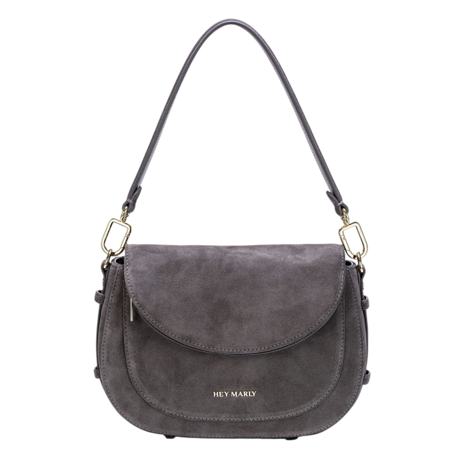 Lieblingstasche Big Sister Suede handbag in dark grey with gold hardware and a curved flap closure