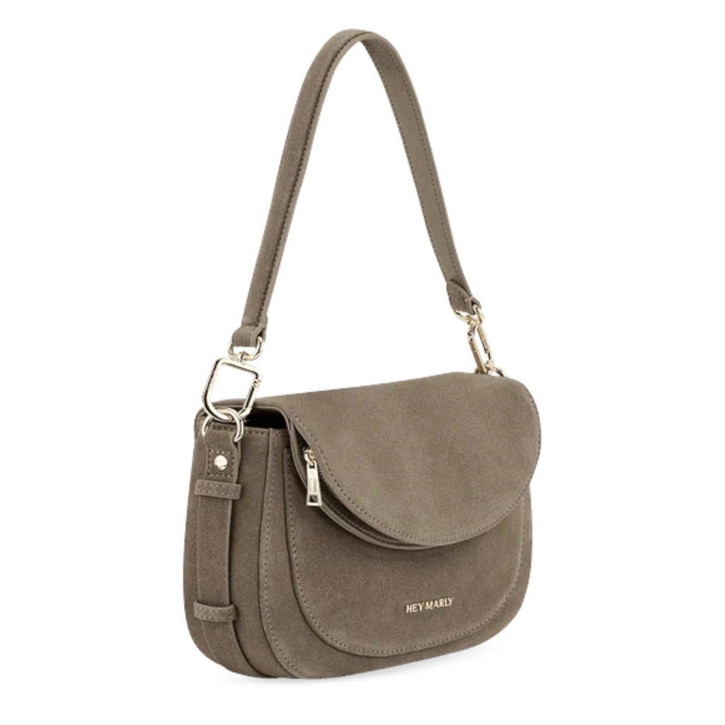 Lieblingstasche Big Sister Suede taupe shoulder bag with a flap closure and gold hardware