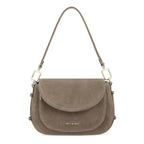 Lieblingstasche Big Sister Suede taupe shoulder bag with a curved flap and silver hardware