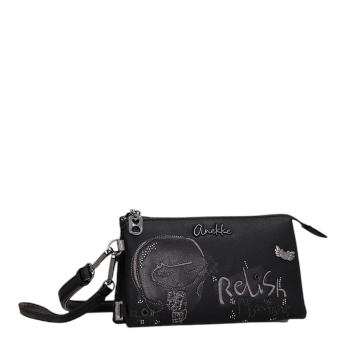 Lieblingstasche black Anekke cross-body bag with embroidered girl illustration and Relish the Moment text detail