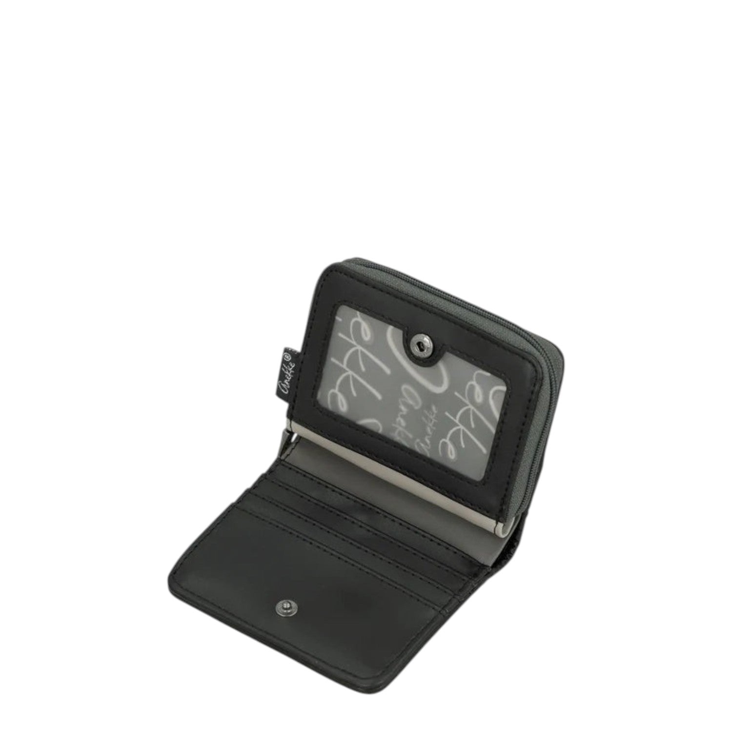 Lieblingstasche black bi-fold wallet with a clear ID window and card slots, featuring a secure zip and snap closure.