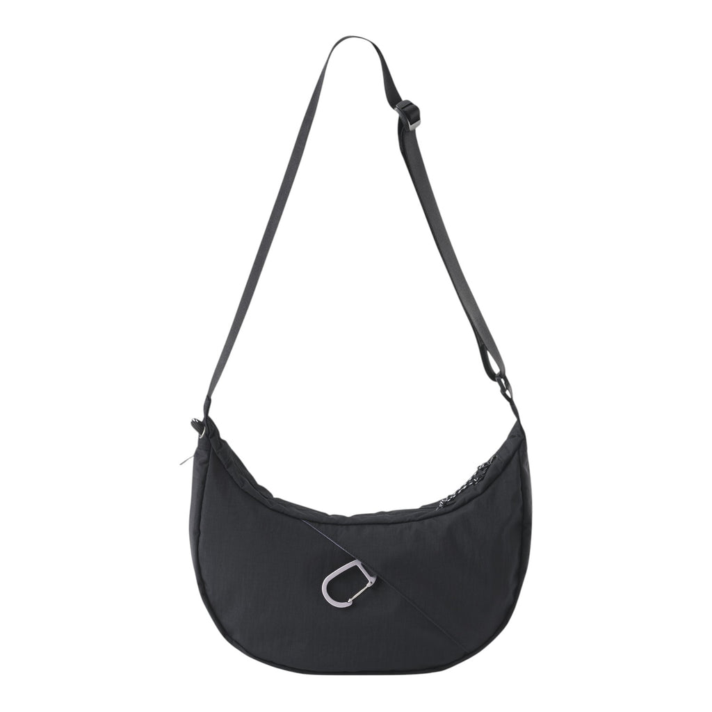 Lieblingstasche black crescent-shaped sling bag with an adjustable strap and silver carabiner detail