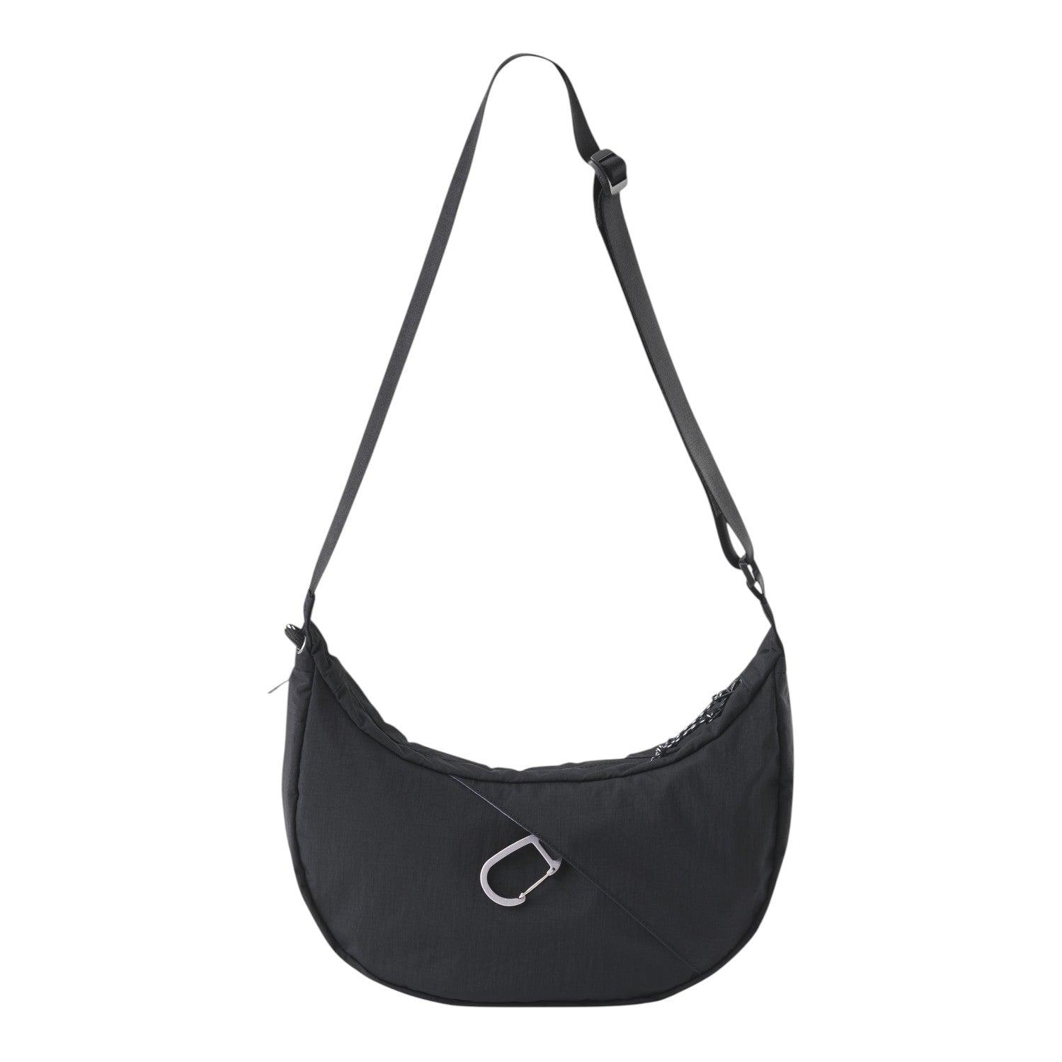 Lieblingstasche black crescent-shaped sling bag with an adjustable strap and silver carabiner detail