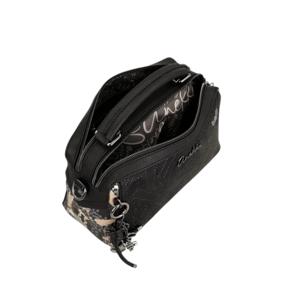 Lieblingstasche black cross-body bag with dual zip compartments, patterned interior lining, and decorative charms.
