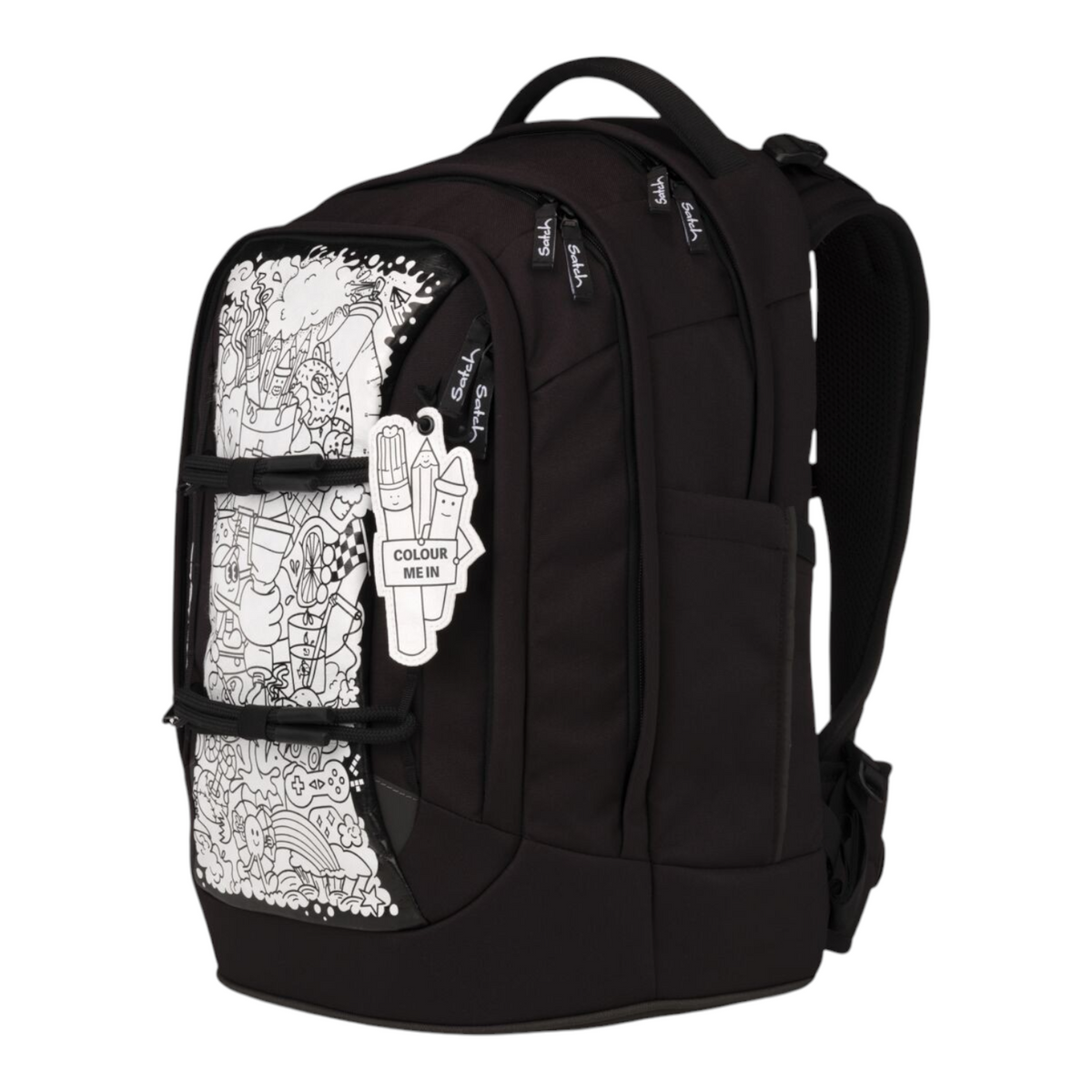 Lieblingstasche black school backpack with a white doodle-style front panel and a colour-in tag