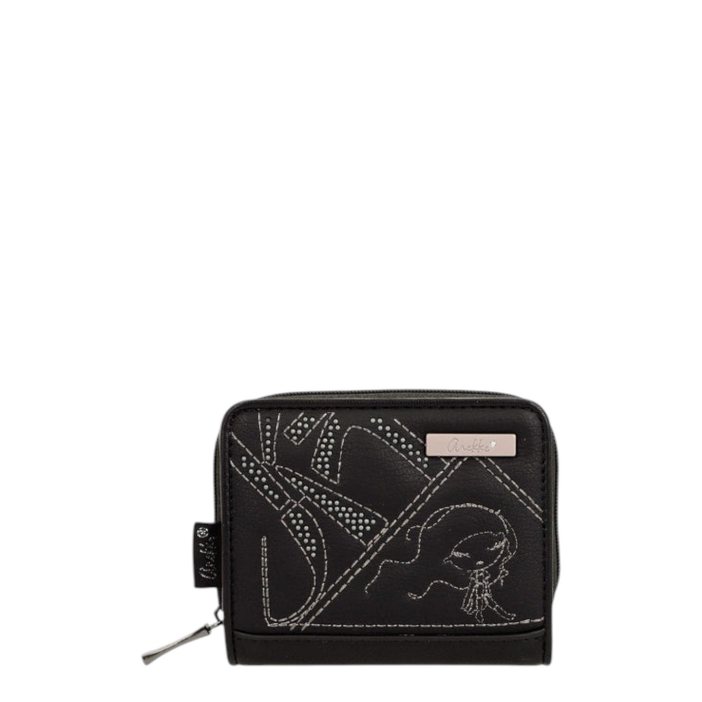 Lieblingstasche black zip-around wallet with white embroidered Anekke character and geometric stitching details