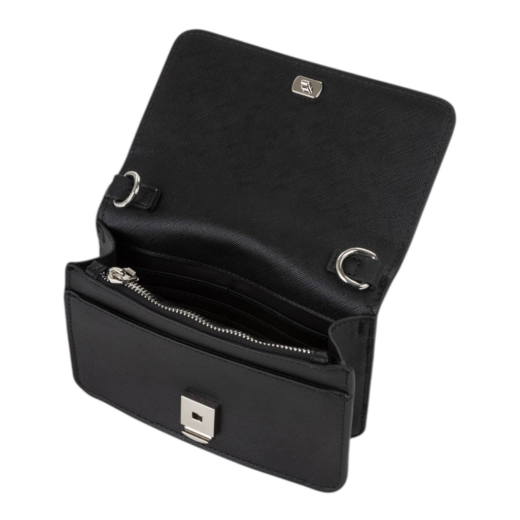 Lieblingstasche Flap Bag Pandia Re, black textured leather crossbody bag with silver hardware and zip pocket.