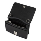 Lieblingstasche Flap Bag Pandia Re, black textured leather crossbody bag with silver hardware and zip pocket.