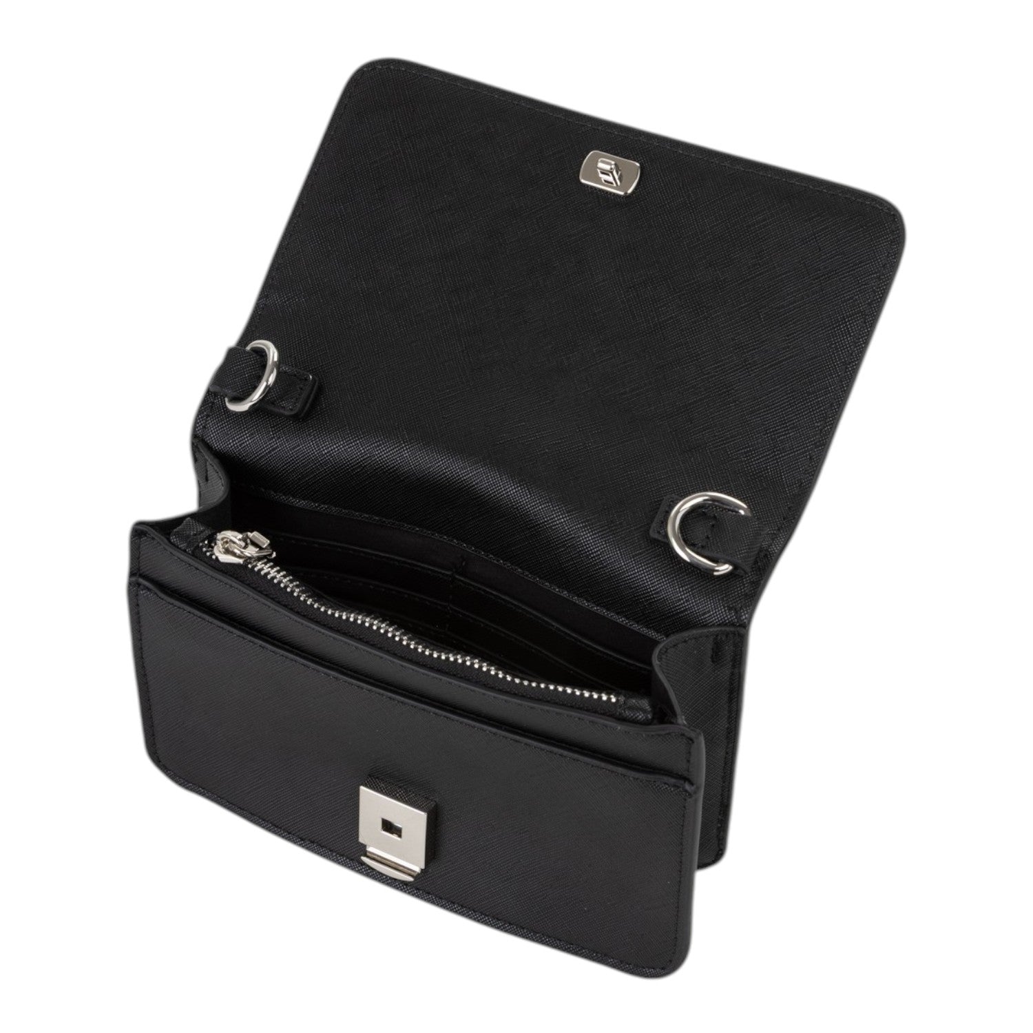 Lieblingstasche Flap Bag Pandia Re, black textured leather crossbody bag with silver hardware and zip pocket.
