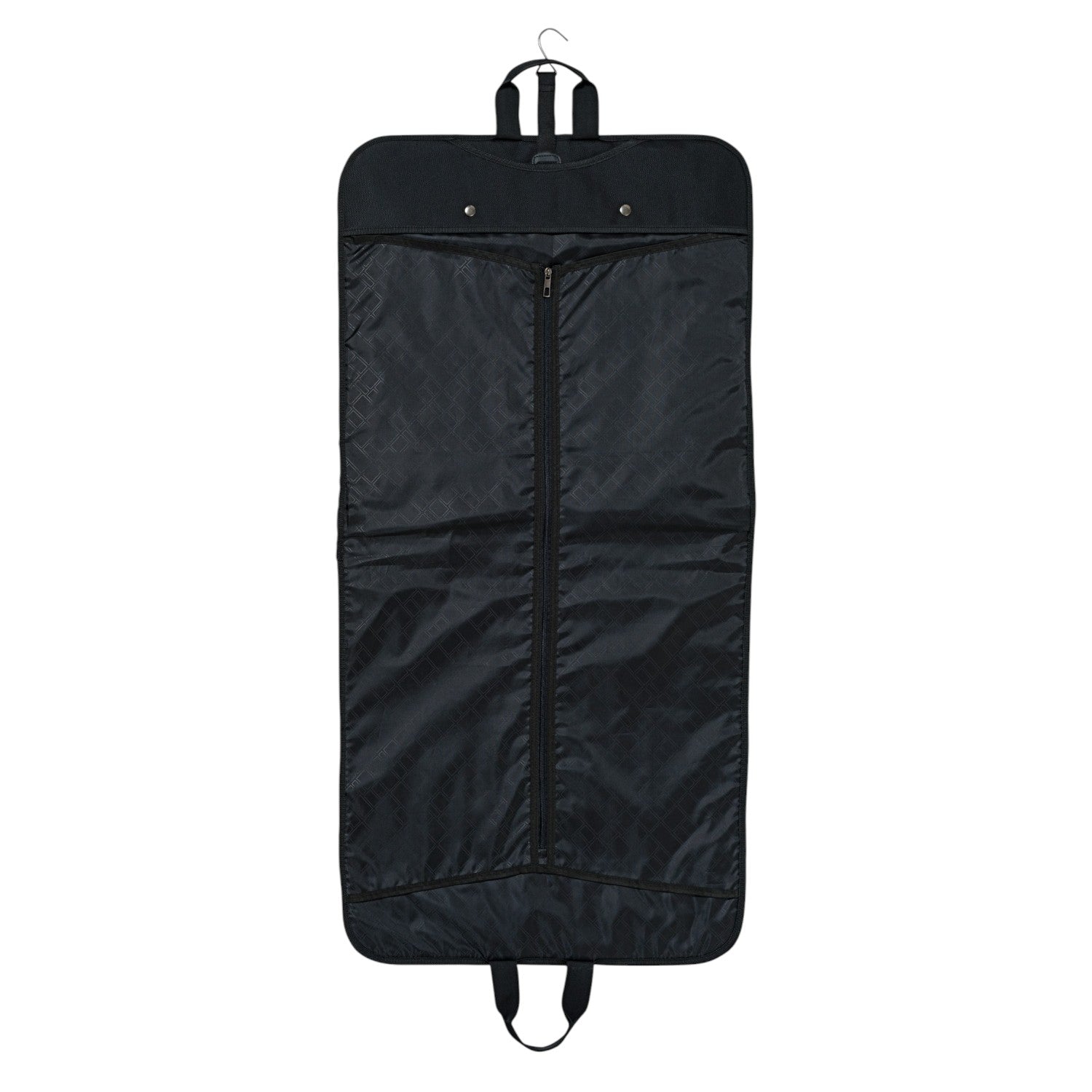 Lieblingstasche black garment bag with subtle patterned interior, full-length zipper, and carrying handles.