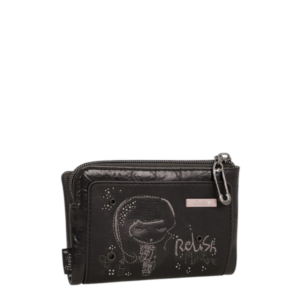 Lieblingstasche black wallet with a decorative graphic print, metallic zipper, and a unique safety pin detail.
