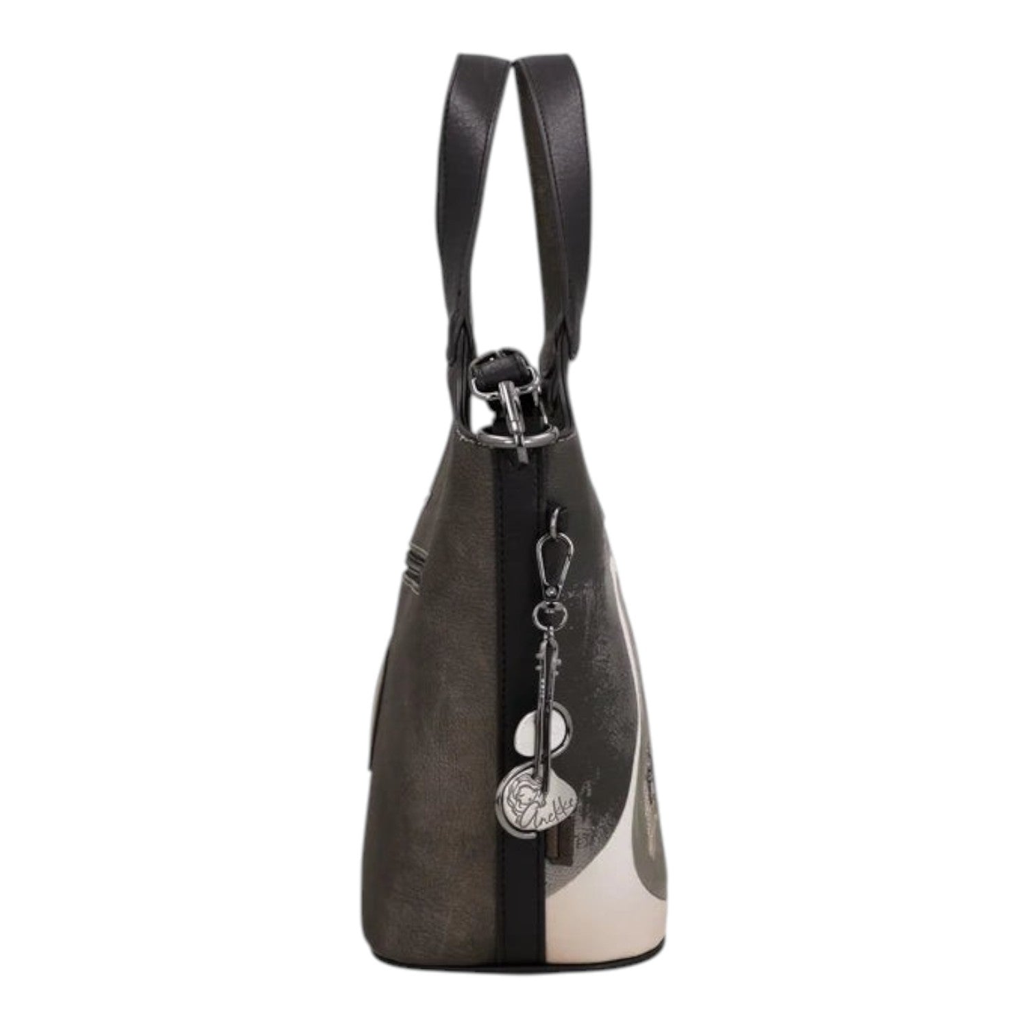 Lieblingstasche short handle bag in black and grey with a decorative metal charm, side view