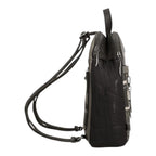 Lieblingstasche backpack in black and grey with a textured geometric pattern and side view showing adjustable straps