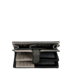 Lieblingstasche wallet in black and grey with multiple card slots, internal zip pocket, and snap button closure