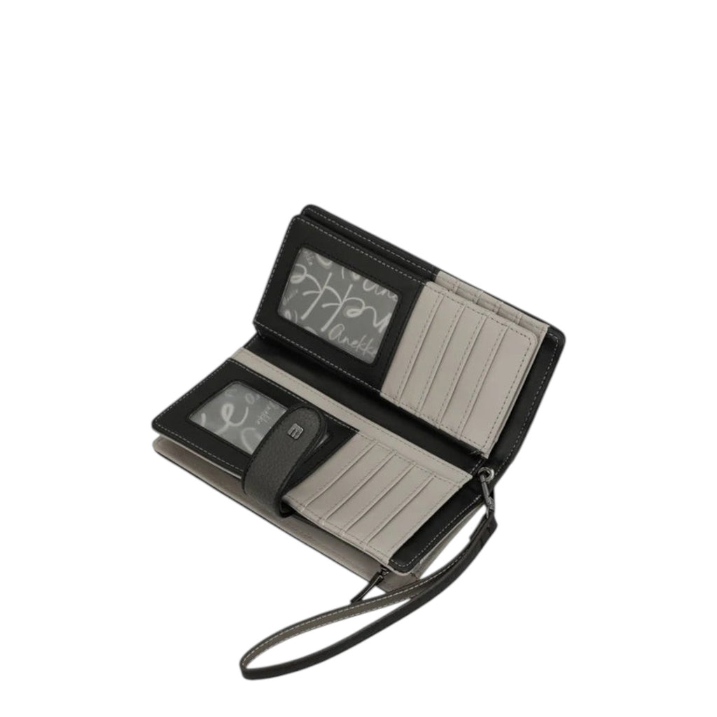 Lieblingstasche wallet in black and grey with multiple card slots, ID windows, and a convenient wrist strap