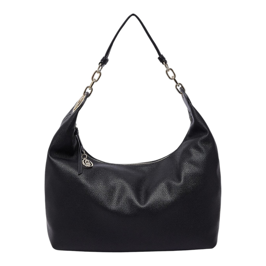 Lieblingstasche black ECS Hobo M shoulder bag with a textured finish, gold chain strap, and logo charm.