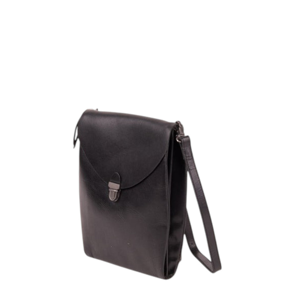 Lieblingstasche black leather fold over clutch handbag with silver clasp closure and adjustable strap.