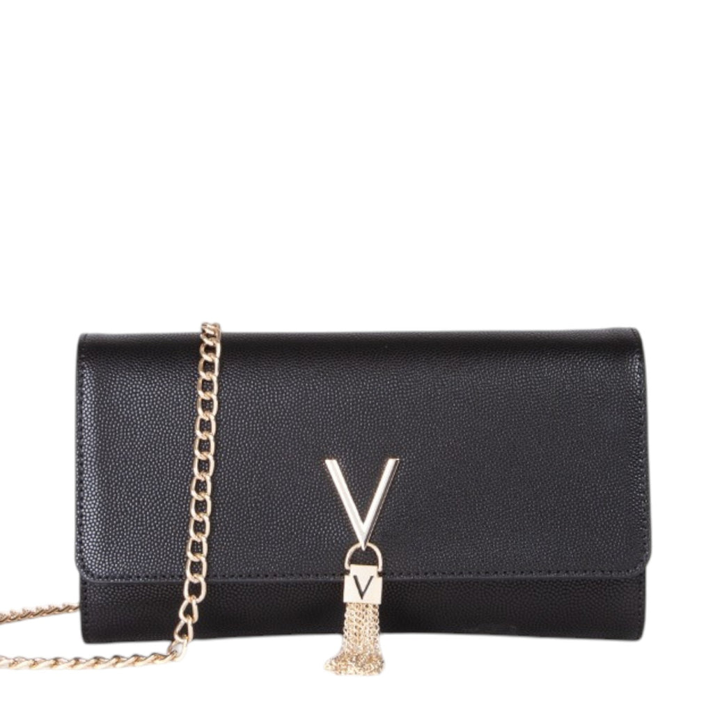 Lieblingstasche Pochette Divina black leather clutch with gold chain and tassel detail.