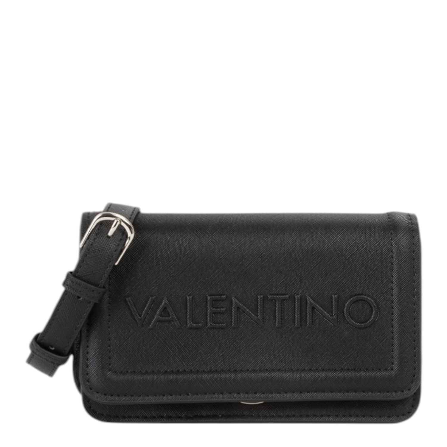 Lieblingstasche Flap Bag Pandia Re black leather crossbody bag with embossed logo and silver buckle detail.