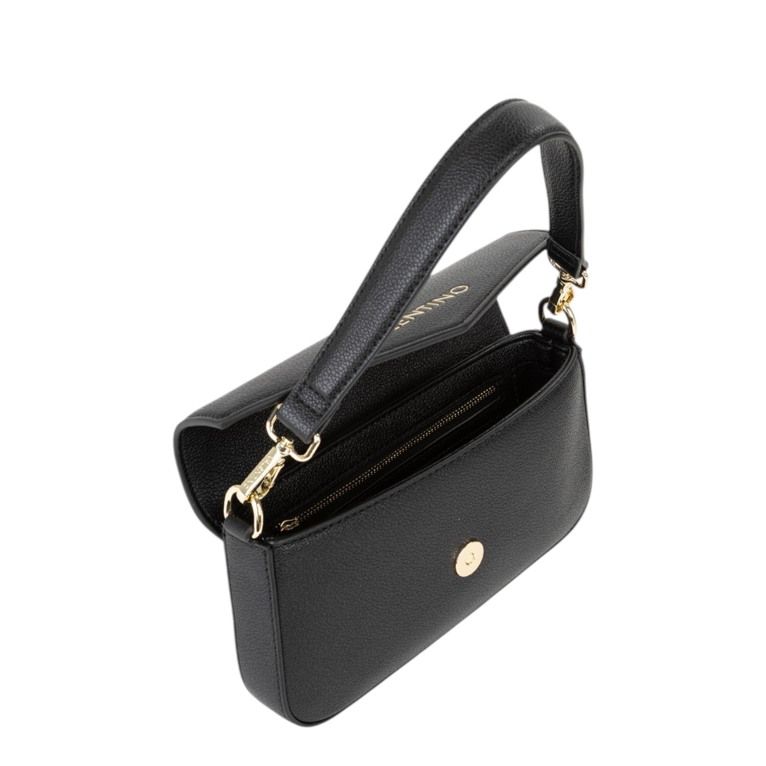 Lieblingstasche Flap Bag Ryta Re, black pebbled leather shoulder bag with gold hardware and top handle.
