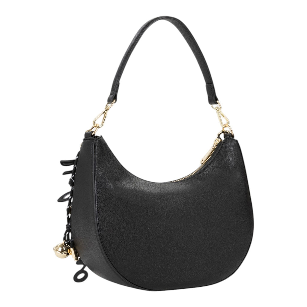 Lieblingstasche Ryta Re black pebbled leather hobo bag with gold hardware and decorative chain detail.