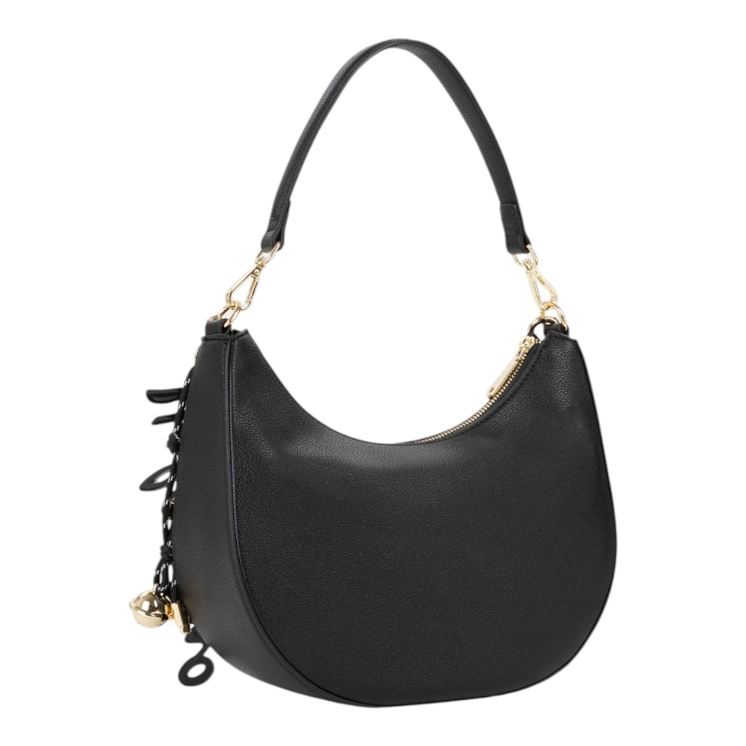 Lieblingstasche Ryta Re black pebbled leather hobo bag with gold hardware and decorative chain detail.
