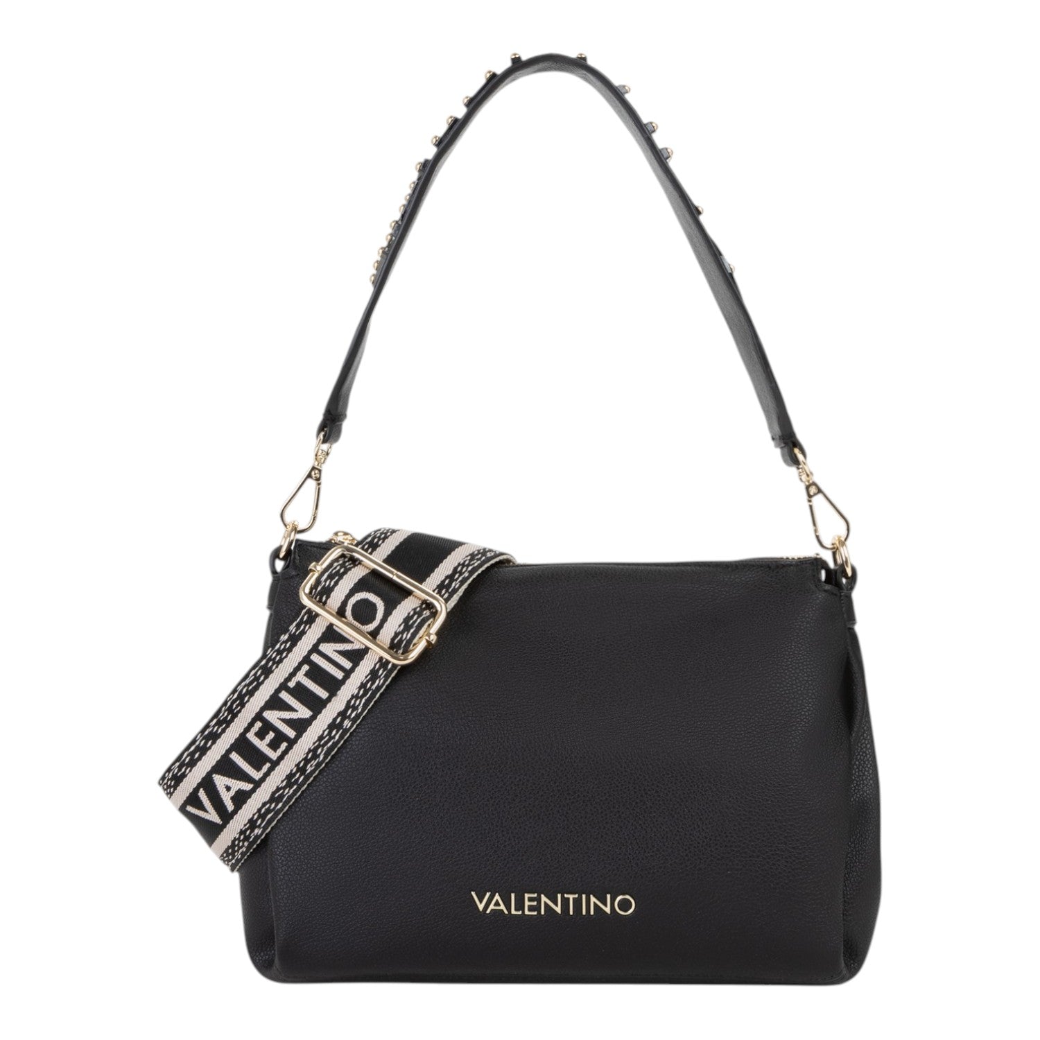 Lieblingstasche black pebbled leather hobo bag with studded strap and branded crossbody strap.
