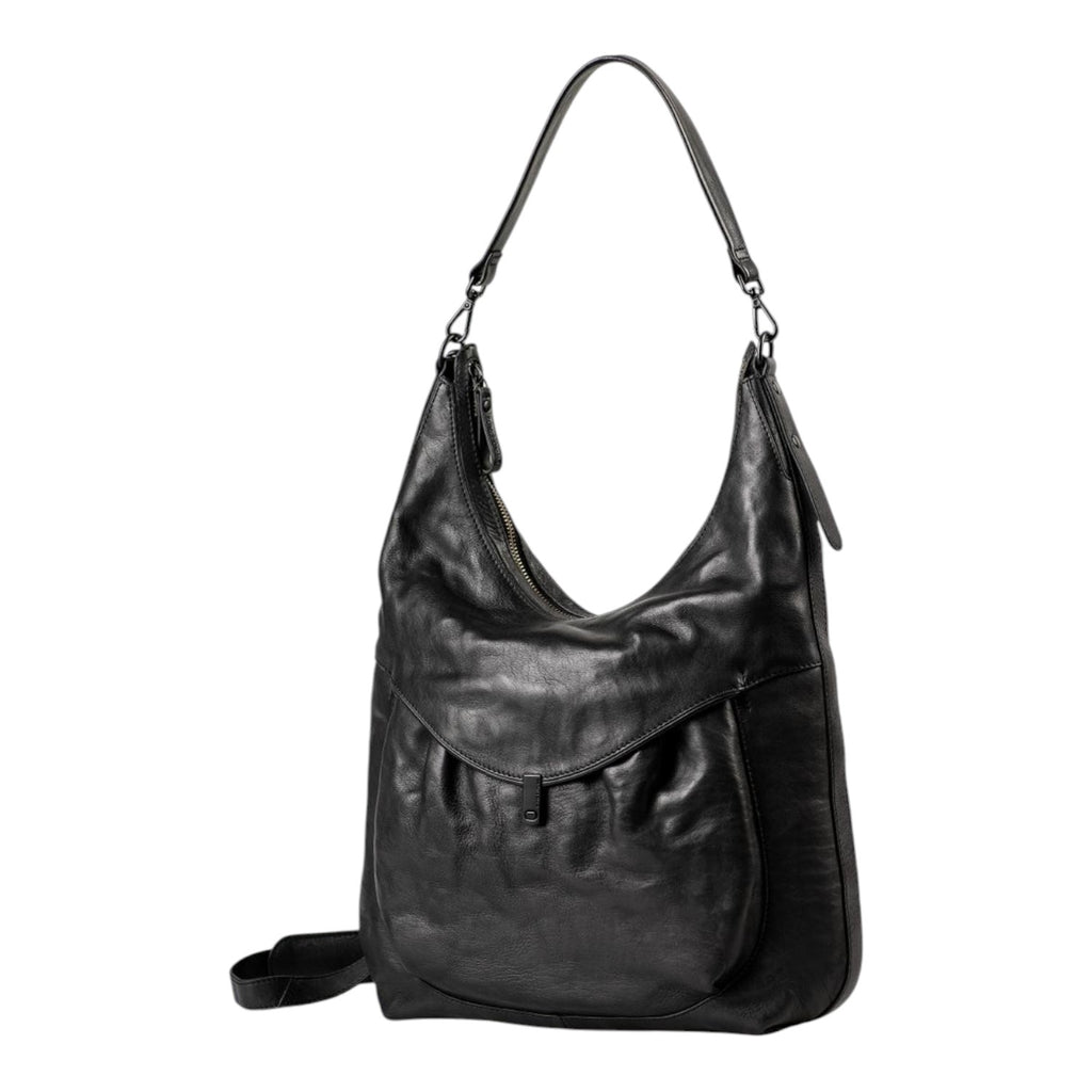 Lieblingstasche Mrs. Banoffee Pie black leather hobo bag with a slouchy silhouette and front pocket detail